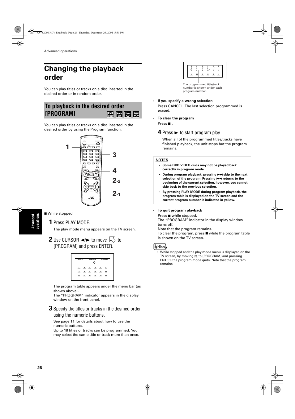 Changing the playback order, Press play mode, Press 3 to start program play | Advanced operations, The play mode menu appears on the tv screen | JVC XV S200BK User Manual | Page 28 / 55