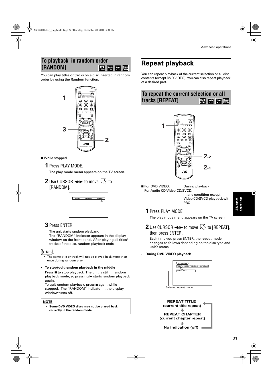 Repeat playback, Press play mode, Use cursor 2/3 to move to [random | Press enter, The play mode menu appears on the tv screen | JVC XV S200BK User Manual | Page 29 / 55