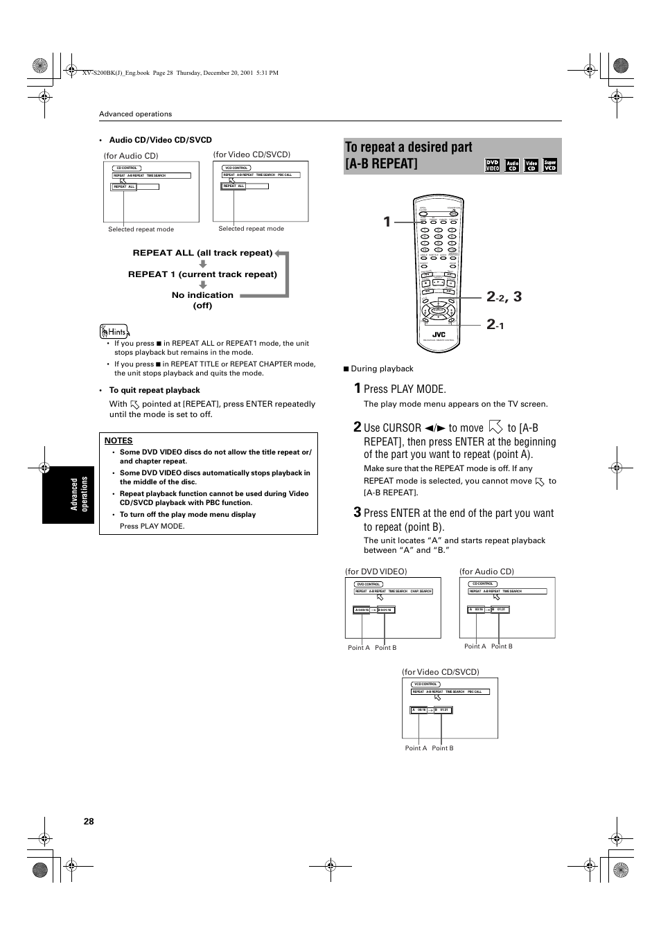 Press play mode, Advanced operations • audio cd/video cd/svcd, The play mode menu appears on the tv screen | For audio cd), For video cd/svcd), For dvd video) | JVC XV S200BK User Manual | Page 30 / 55