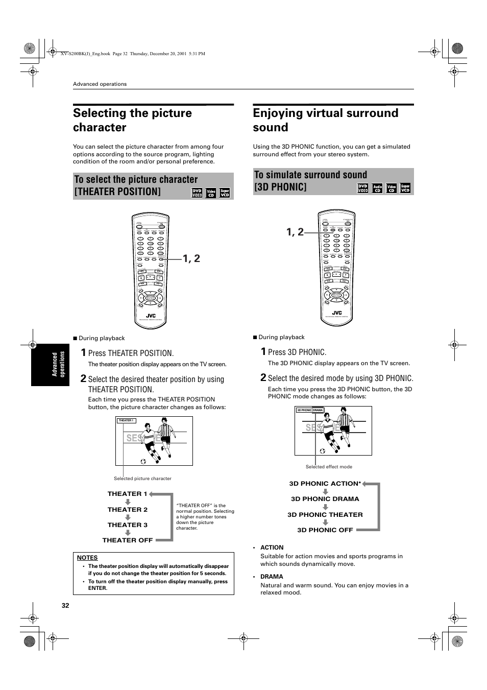 Selecting the picture character, Enjoying virtual surround sound, Press theater position | Press 3d phonic, Select the desired mode by using 3d phonic, The 3d phonic display appears on the tv screen, Theater 1 theater 2 theater 3 theater off, Advanced operations | JVC XV S200BK User Manual | Page 34 / 55