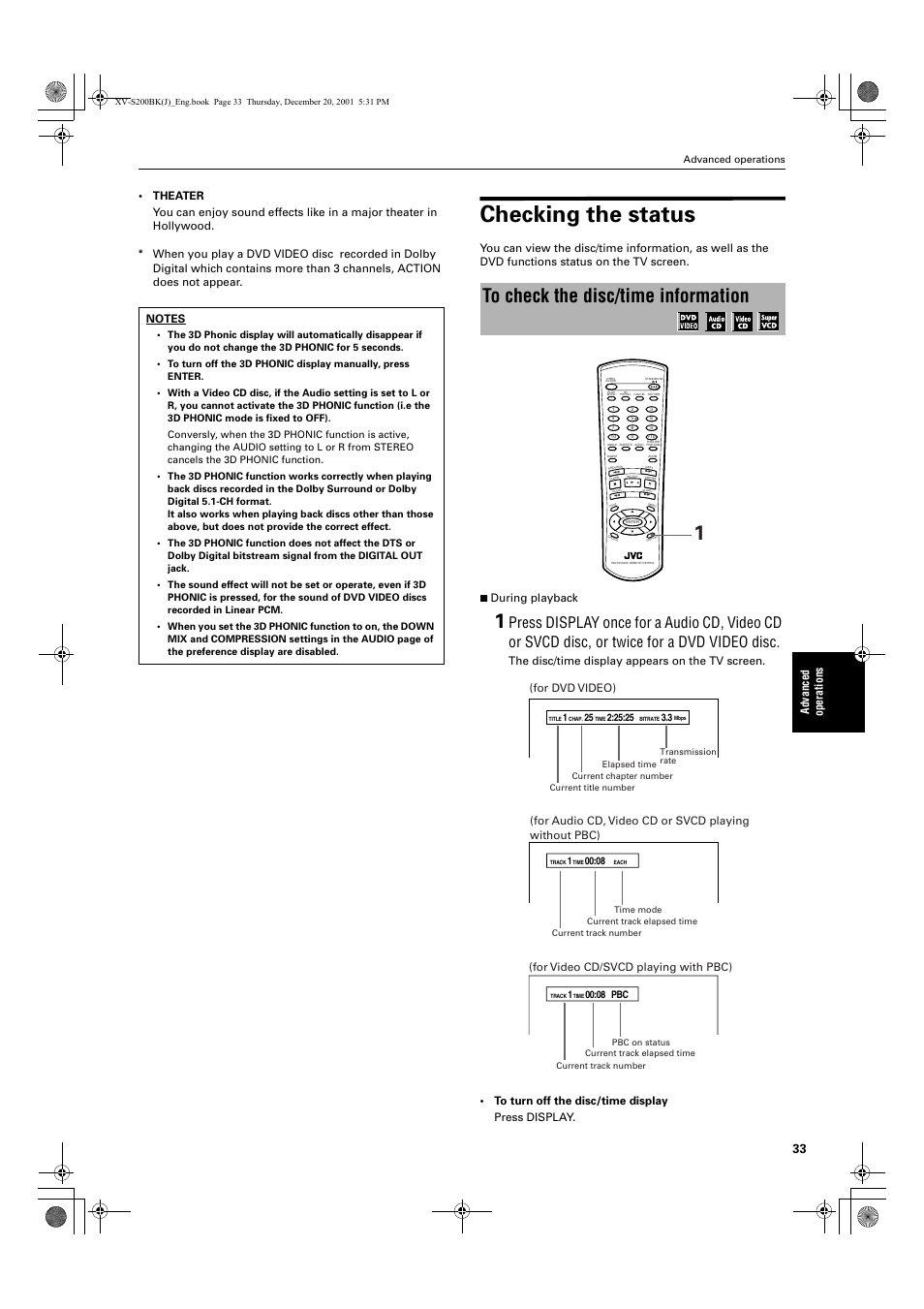 Checking the status, For dvd video), For video cd/svcd playing with pbc) | JVC XV S200BK User Manual | Page 35 / 55