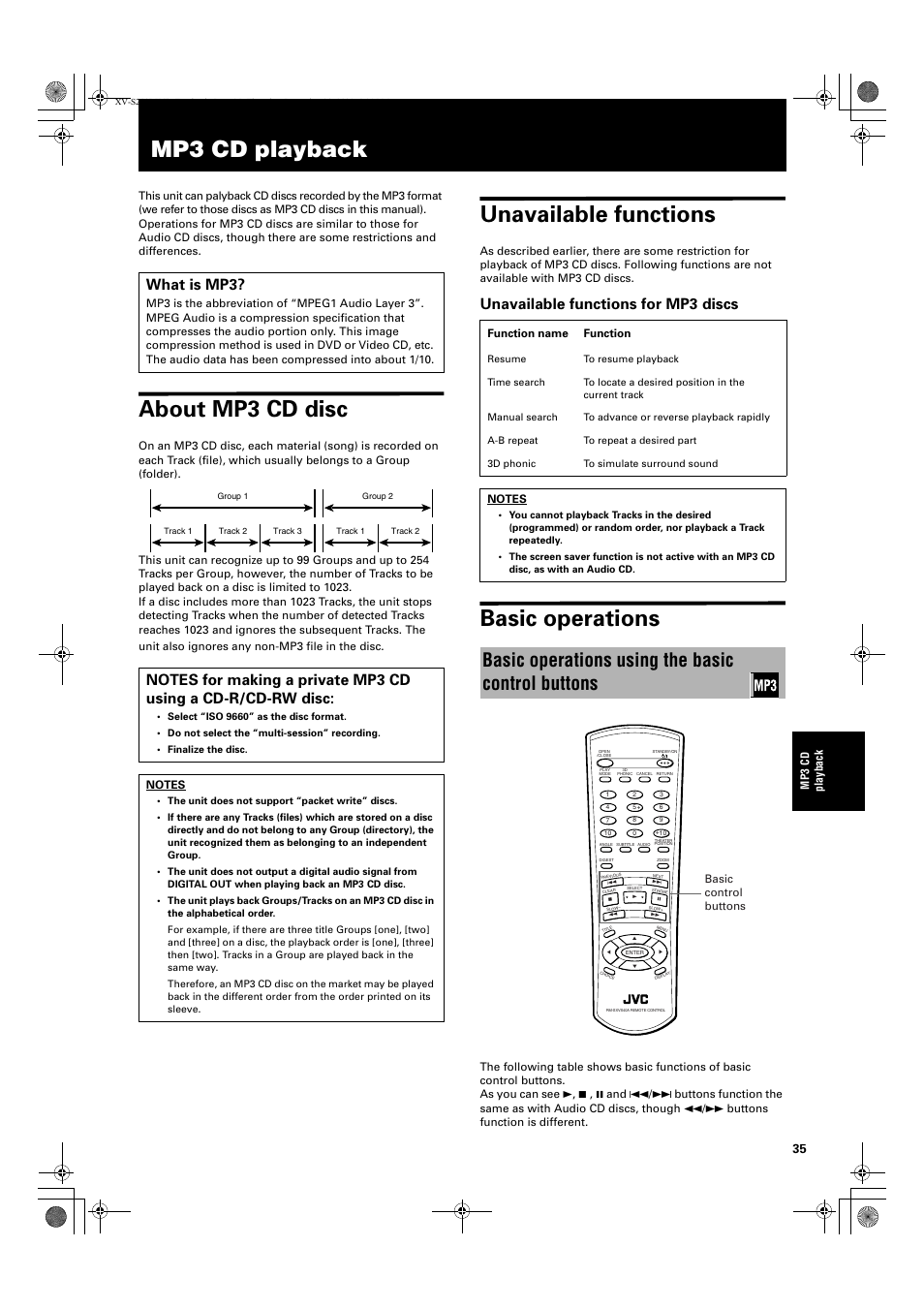 Mp3 cd playback, About mp3 cd disc, Unavailable functions | Basic operations, Basic operations using the basic control buttons, Unavailable functions for mp3 discs, What is mp3 | JVC XV S200BK User Manual | Page 37 / 55