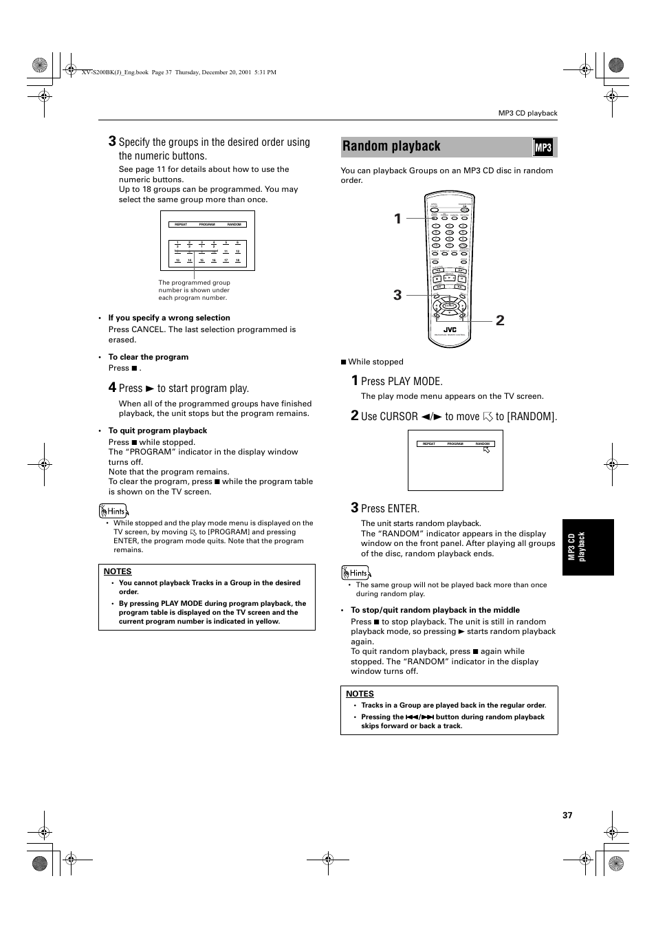 Random playback, Press 3 to start program play, Press play mode | Use cursor 2/3 to move to [random, Press enter, Mp3 cd playback, The play mode menu appears on the tv screen | JVC XV S200BK User Manual | Page 39 / 55