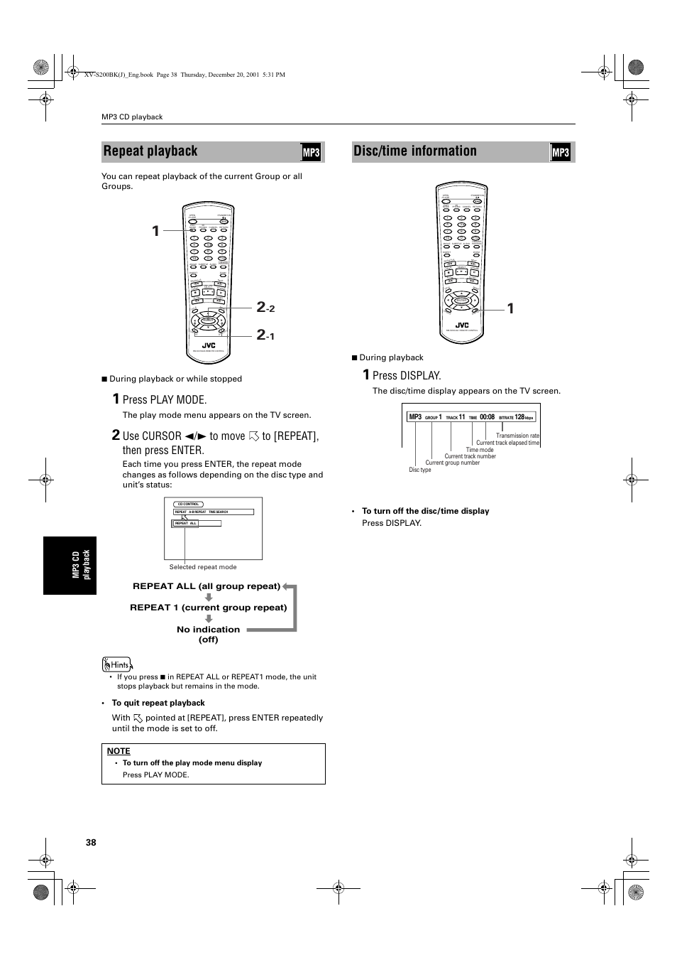 Repeat playback, Disc/time information, Press play mode | Press display, The play mode menu appears on the tv screen, Mp3 cd playback | JVC XV S200BK User Manual | Page 40 / 55