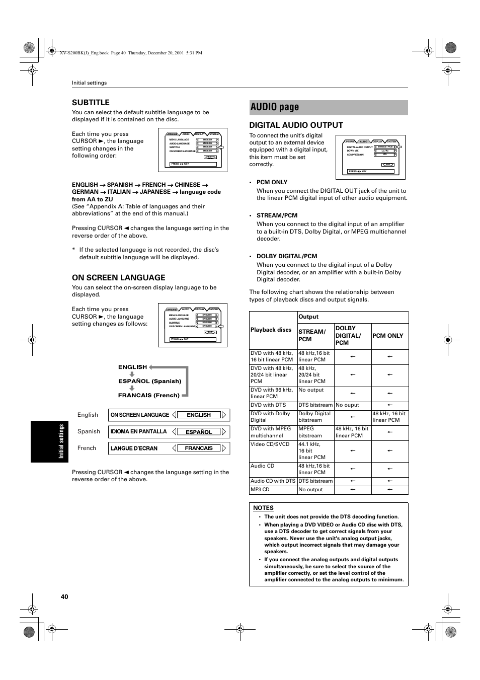 Audio page, Subtitle, On screen language | Digital audio output | JVC XV S200BK User Manual | Page 42 / 55