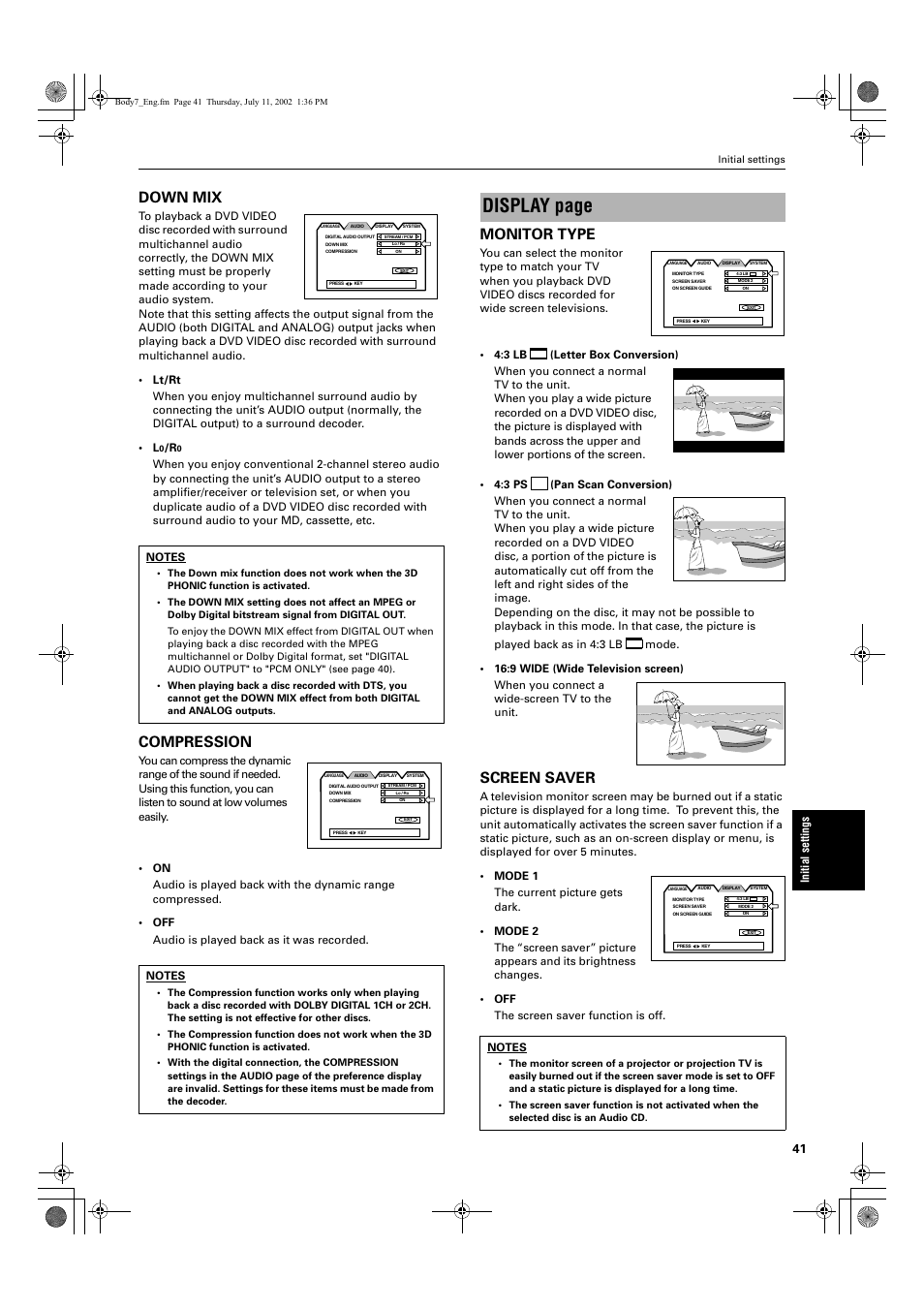 Display page, Down mix, Compression | Monitor type, Screen saver | JVC XV S200BK User Manual | Page 43 / 55