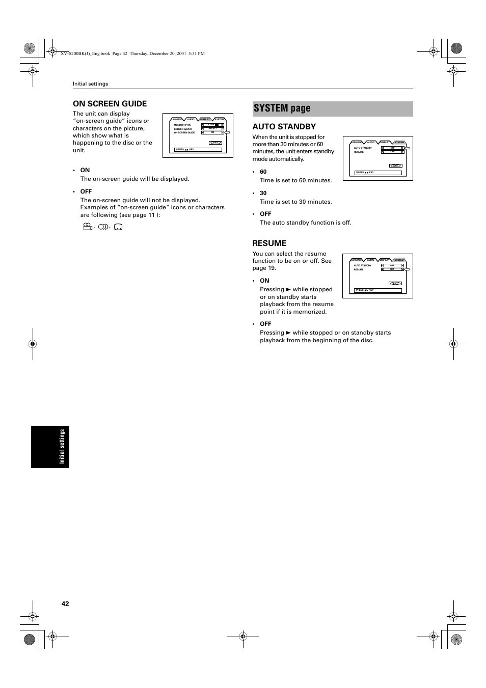 System page, On screen guide, Auto standby | Resume | JVC XV S200BK User Manual | Page 44 / 55