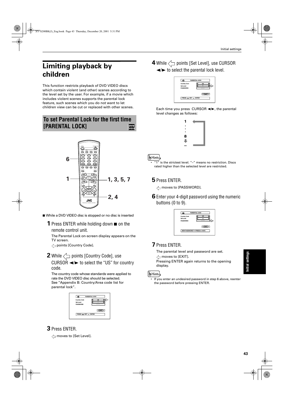 Limiting playback by children, Press enter | JVC XV S200BK User Manual | Page 45 / 55