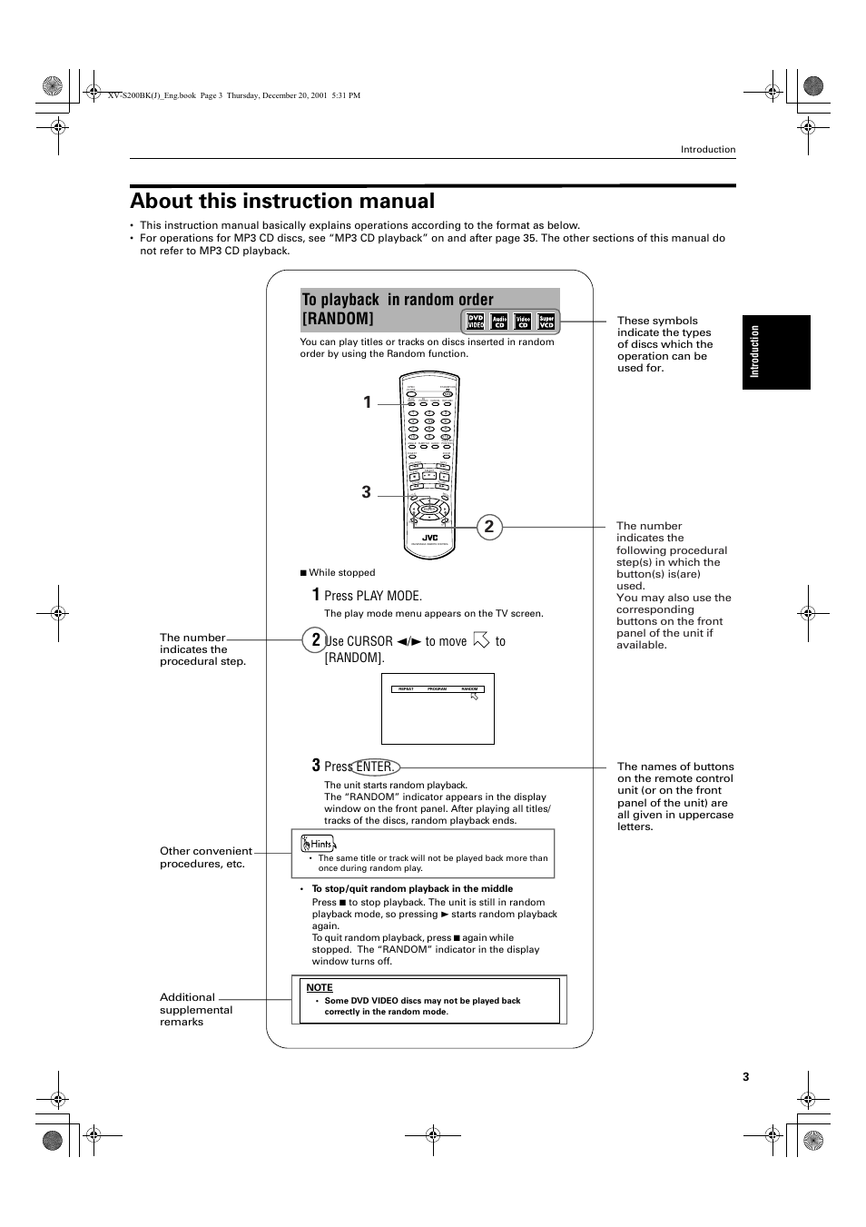 About this instruction manual, Press play mode, Use cursor 2/3 to move to [random | Press enter, Intro duction | JVC XV S200BK User Manual | Page 5 / 55