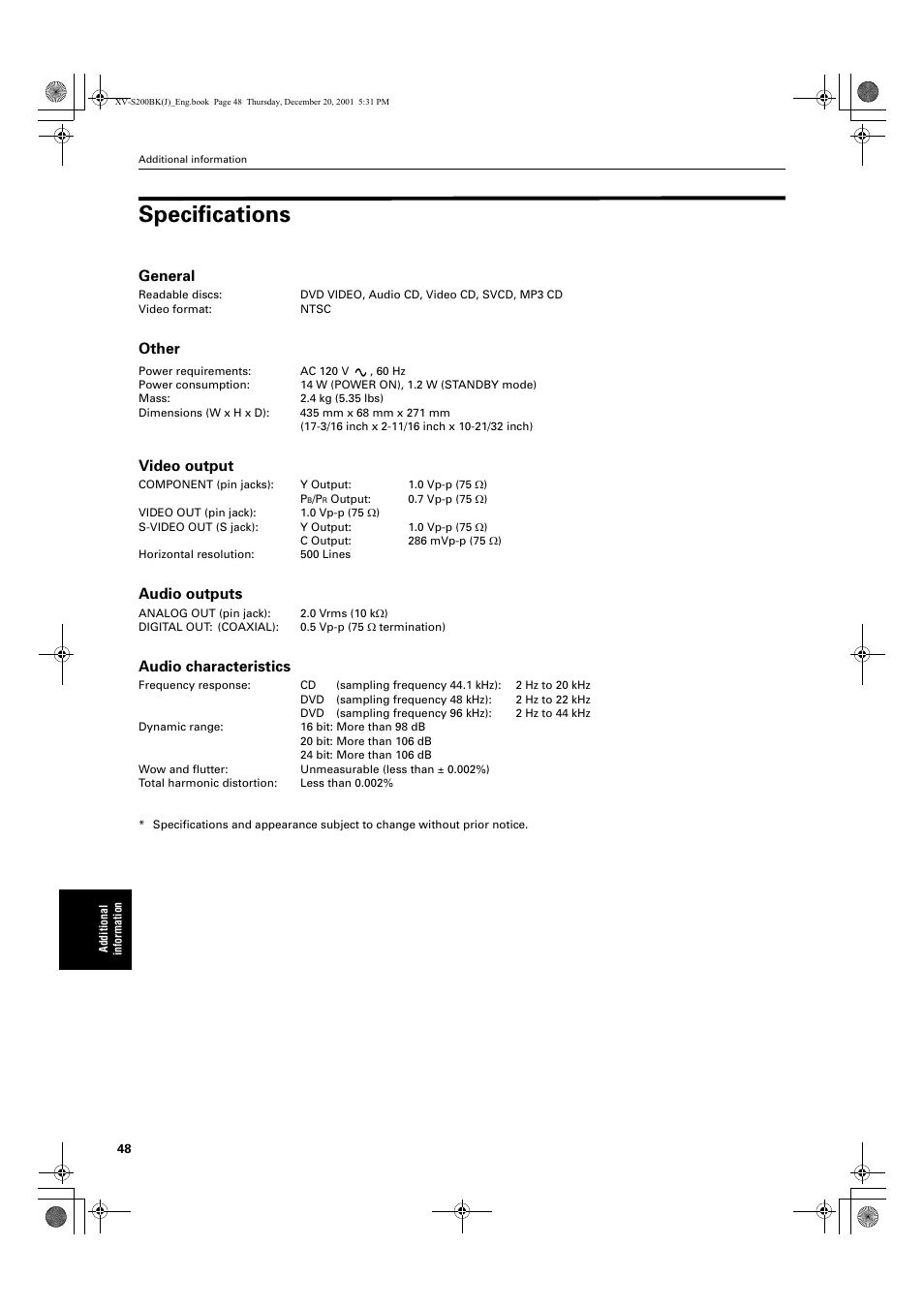 Specifications, General, Other | Video output, Audio outputs, Audio characteristics | JVC XV S200BK User Manual | Page 50 / 55