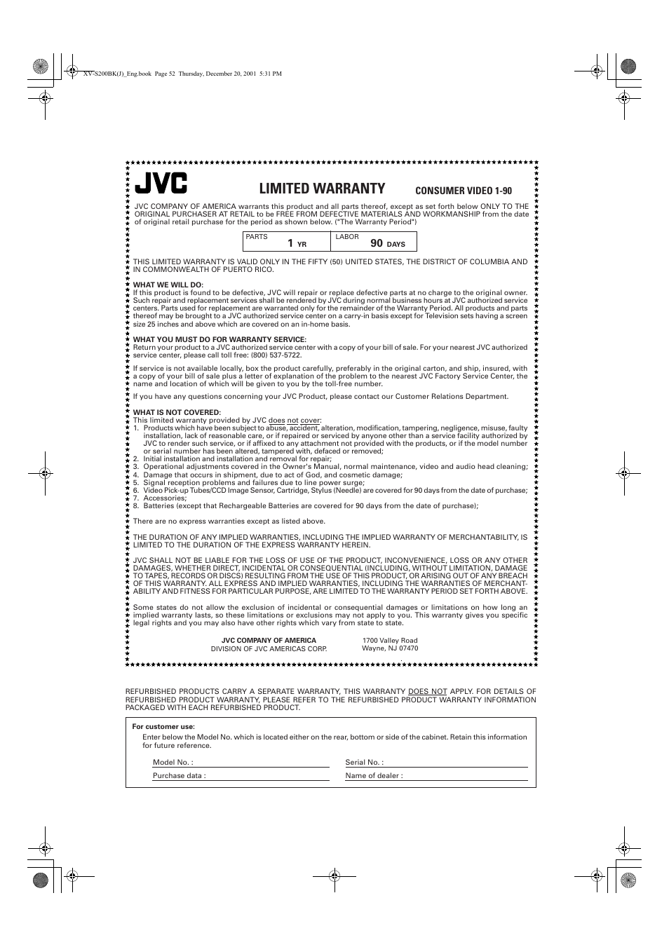 Limited warranty, Consumer video 1-90 | JVC XV S200BK User Manual | Page 54 / 55