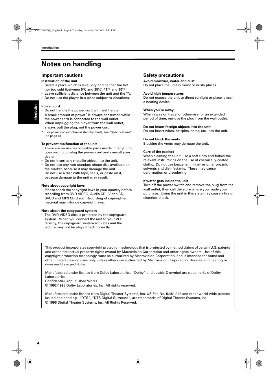 Important cautions, Safety precautions | JVC XV S200BK User Manual | Page 6 / 55