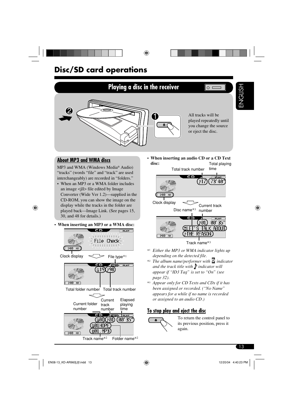 Disc/sd card operations, Playing a disc in the receiver, English | About mp3 and wma discs | JVC KD-LH910 User Manual | Page 13 / 58