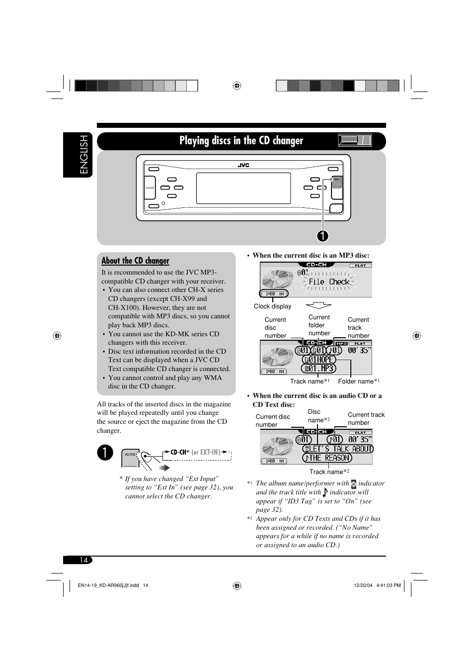 Playing discs in the cd changer, English, About the cd changer | JVC KD-LH910 User Manual | Page 14 / 58