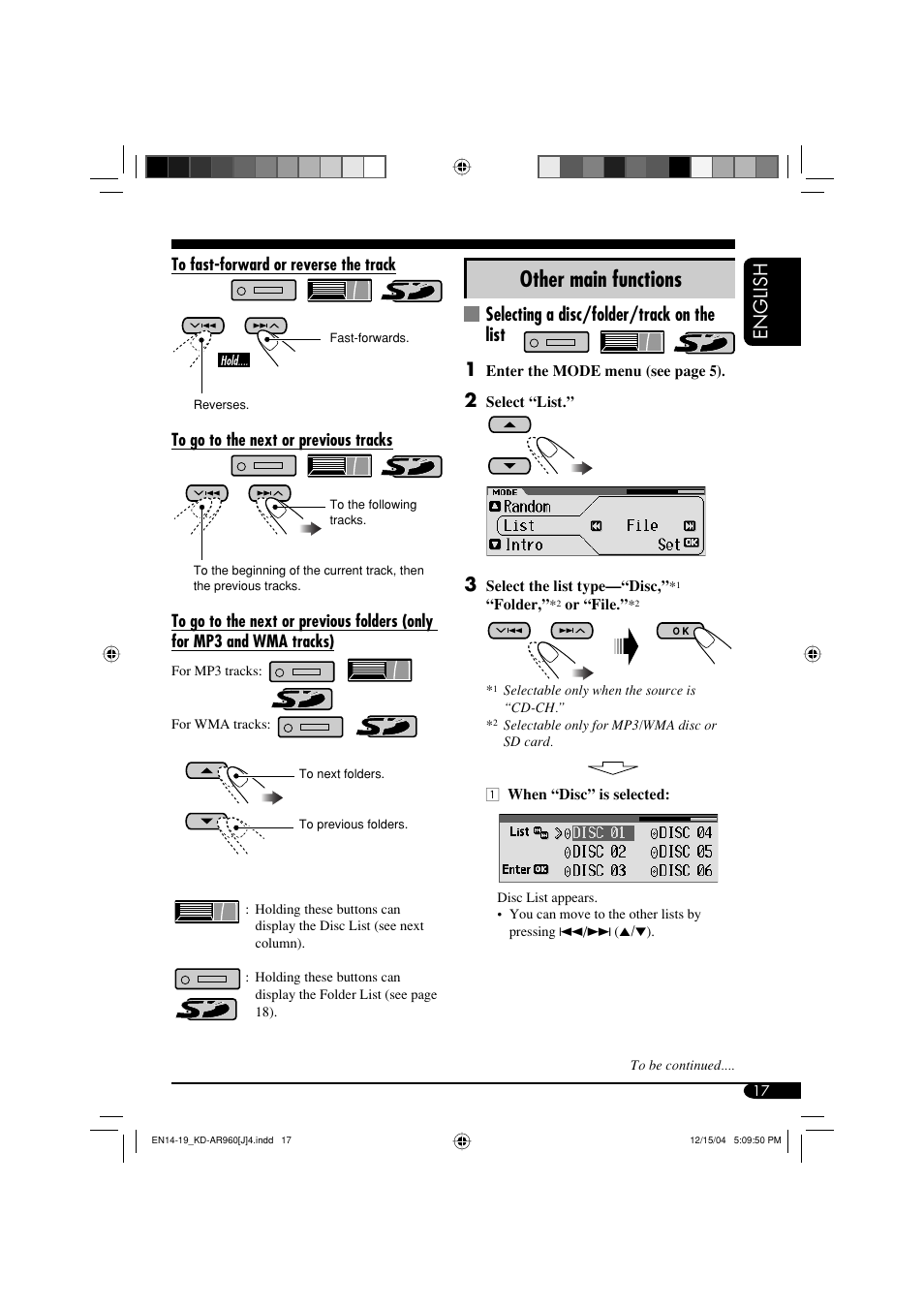 Other main functions, English, Selecting a disc/folder/track on the list 1 | JVC KD-LH910 User Manual | Page 17 / 58