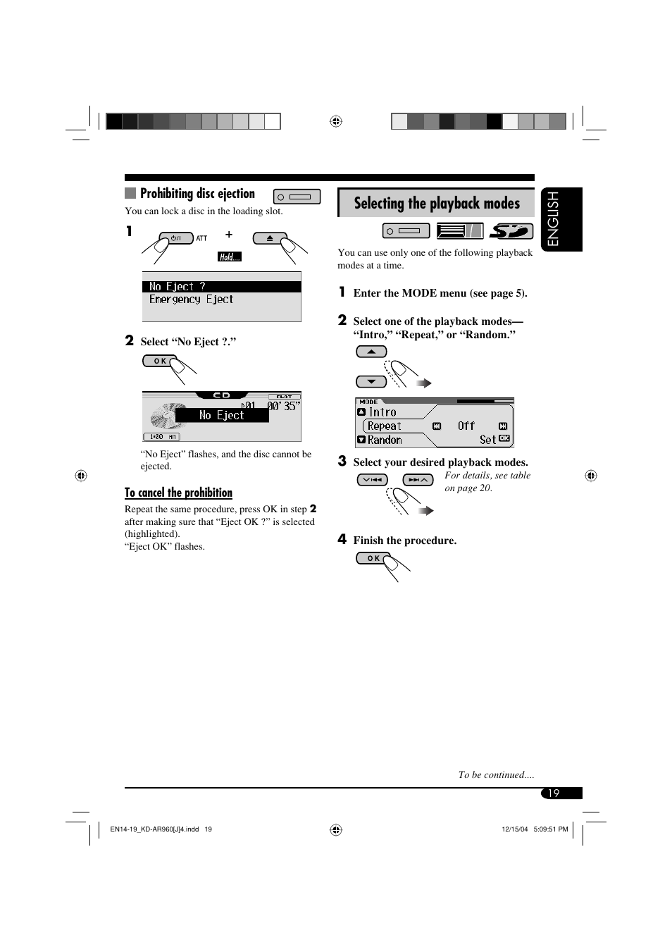Selecting the playback modes, English, Prohibiting disc ejection | JVC KD-LH910 User Manual | Page 19 / 58