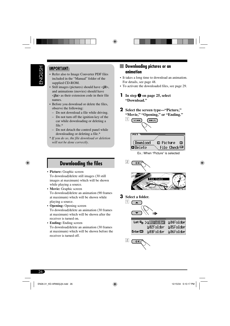 Downloading the fi les, English downloading pictures or an animation | JVC KD-LH910 User Manual | Page 26 / 58