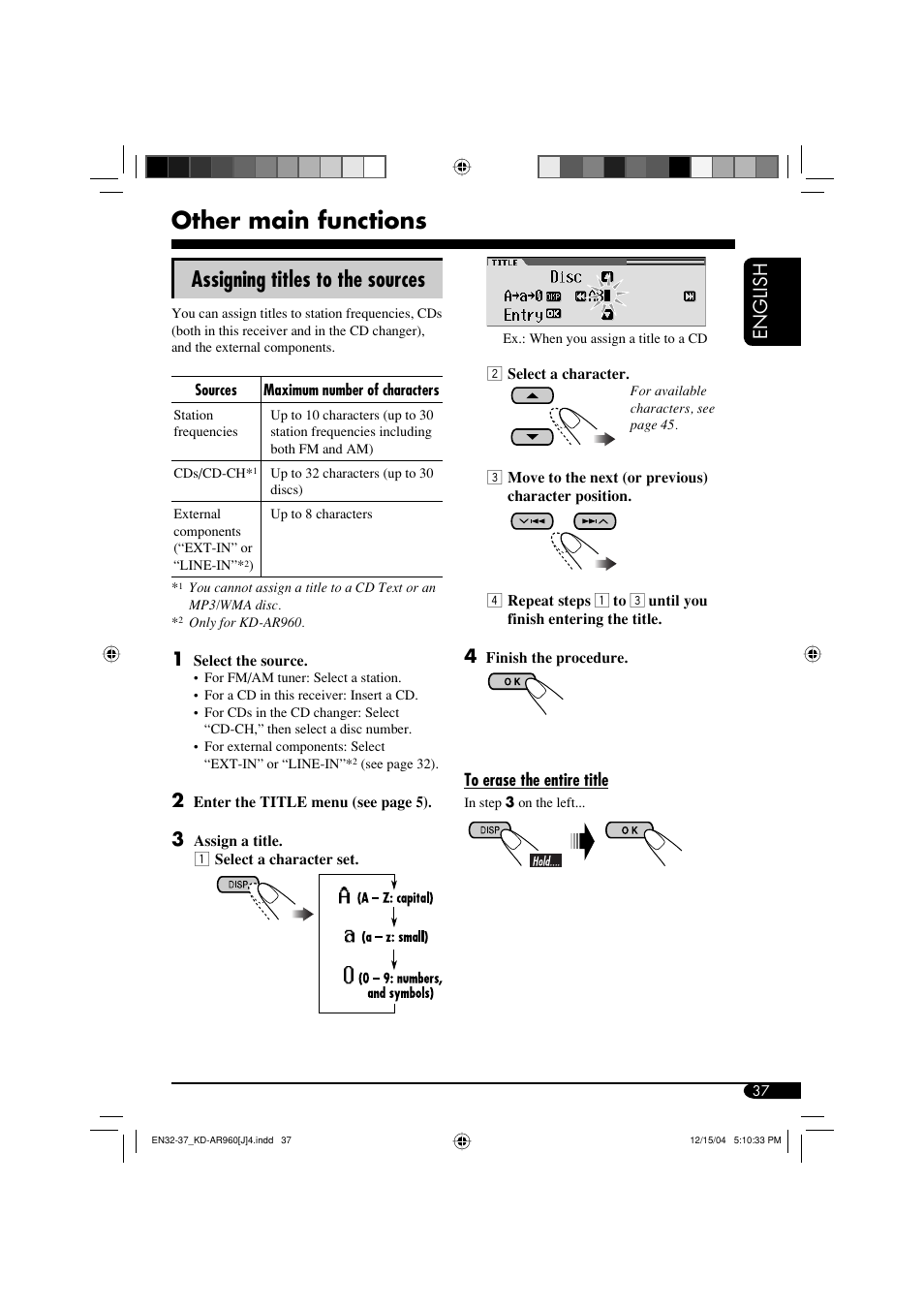 Other main functions, Assigning titles to the sources, English | JVC KD-LH910 User Manual | Page 37 / 58