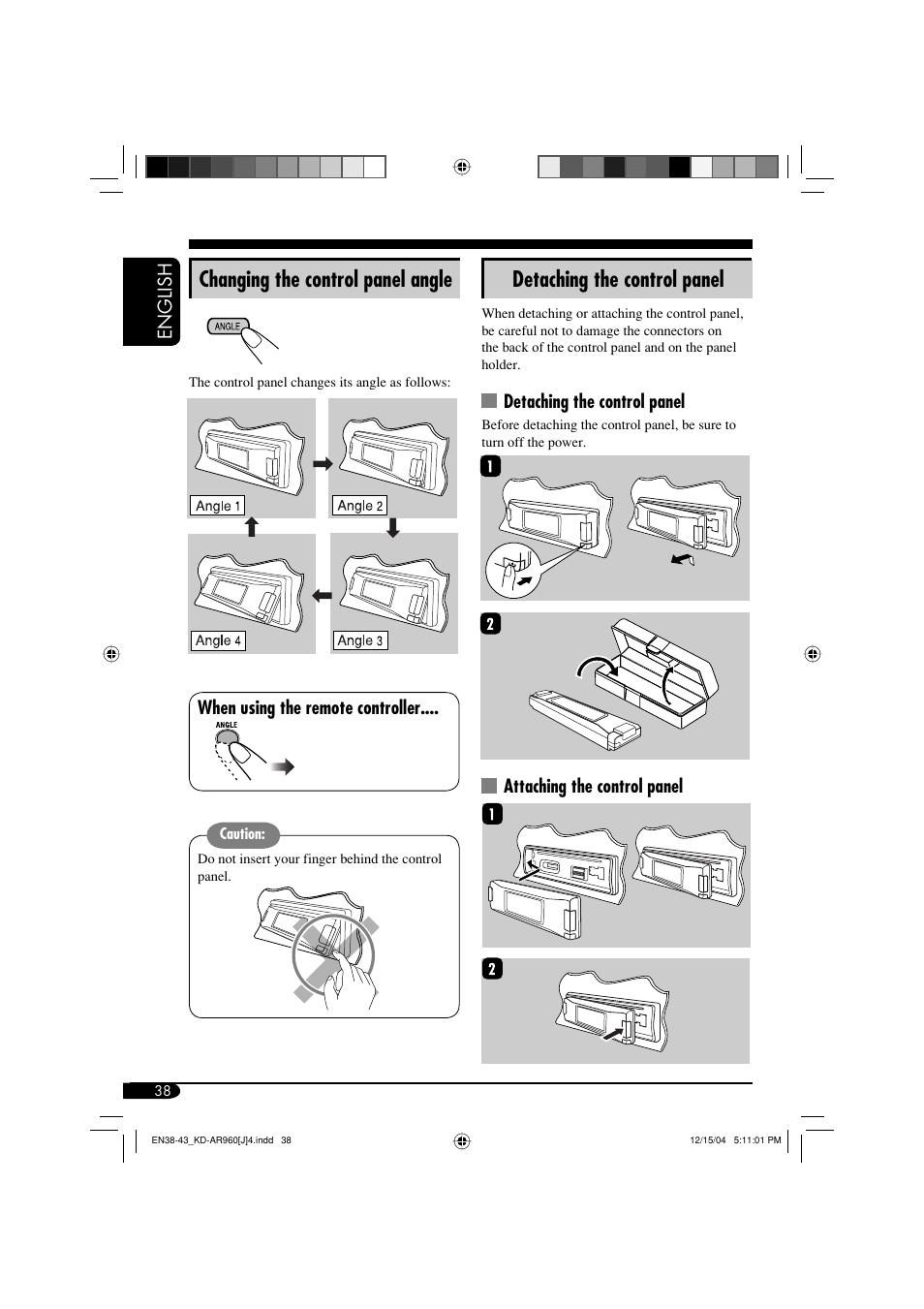 Detaching the control panel, Changing the control panel angle, English | Attaching the control panel, When using the remote controller | JVC KD-LH910 User Manual | Page 38 / 58