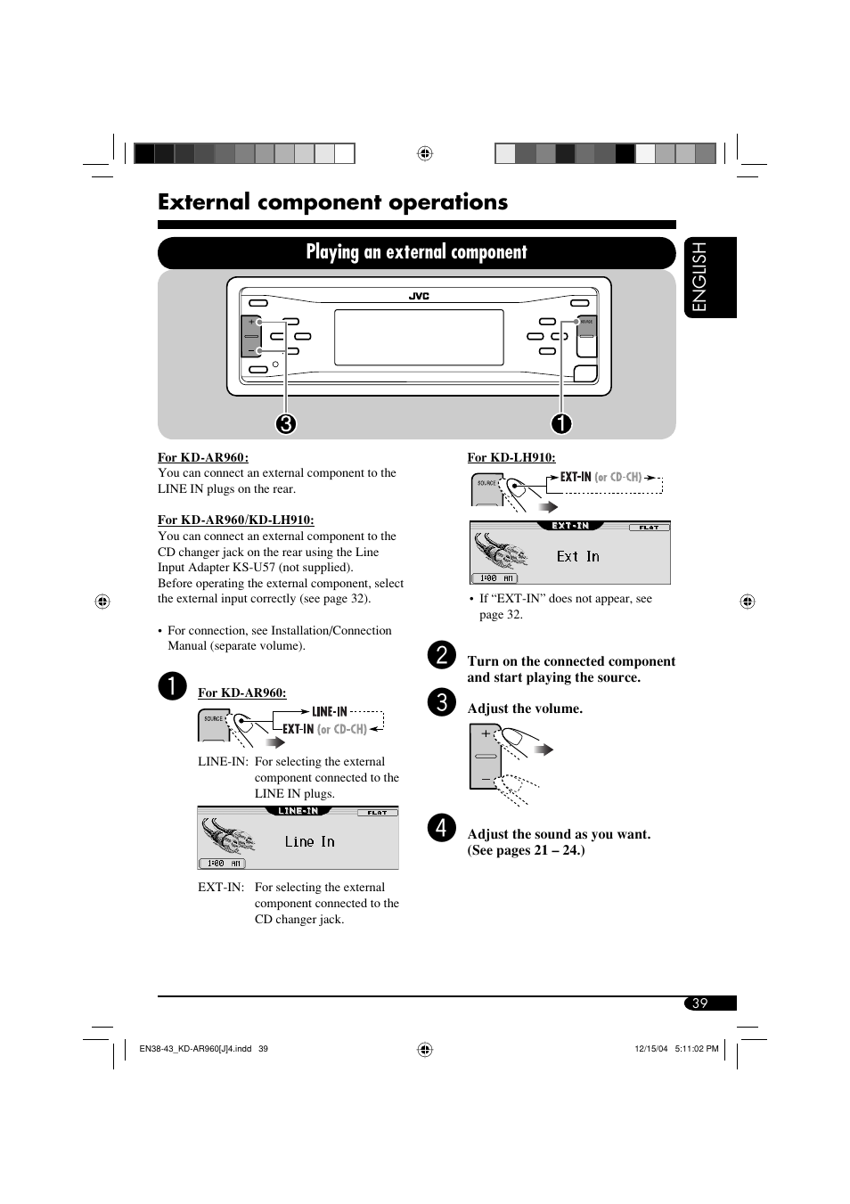 External component operations, Playing an external component | JVC KD-LH910 User Manual | Page 39 / 58