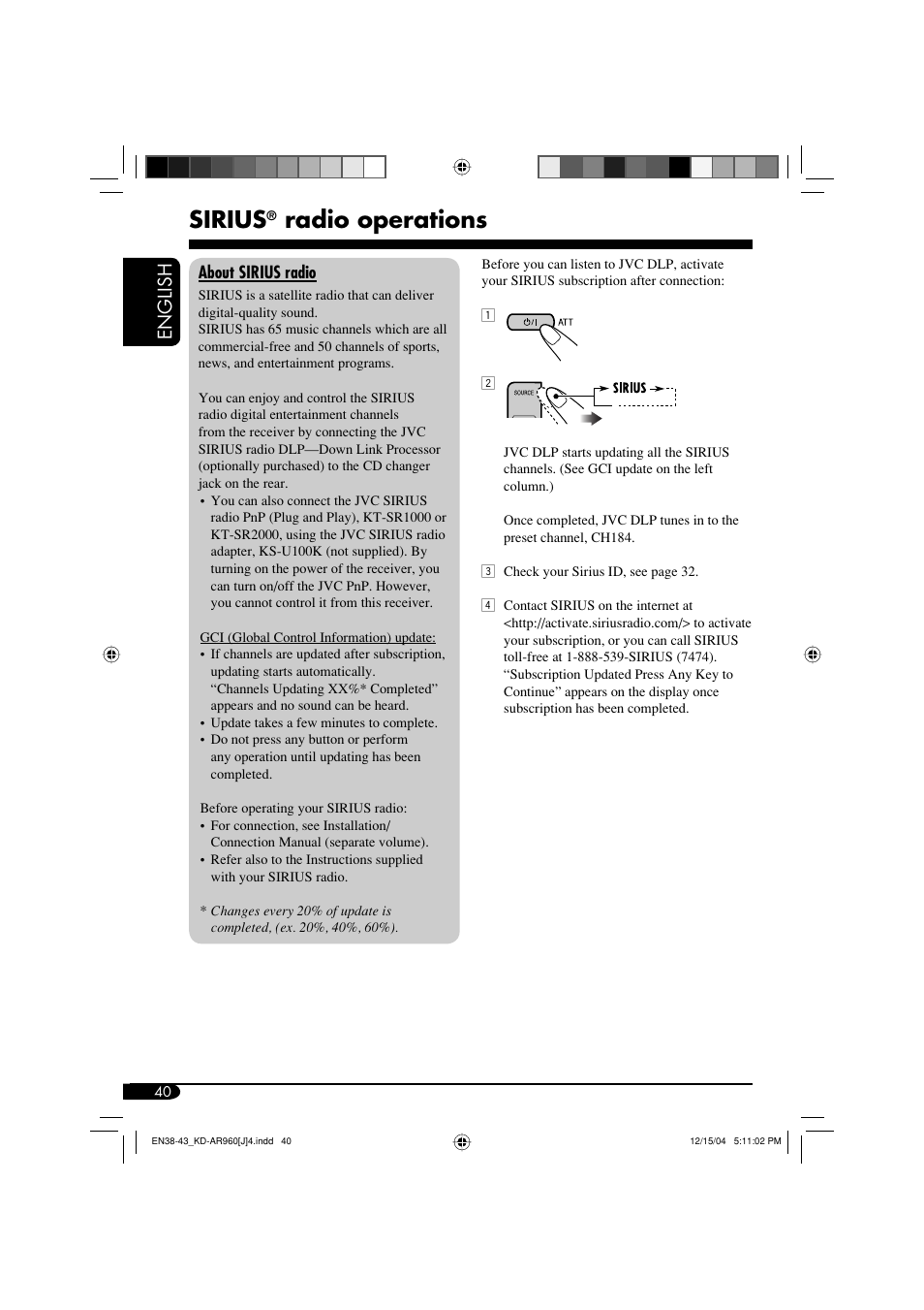 Sirius radio operations, Sirius, Radio operations | English | JVC KD-LH910 User Manual | Page 40 / 58