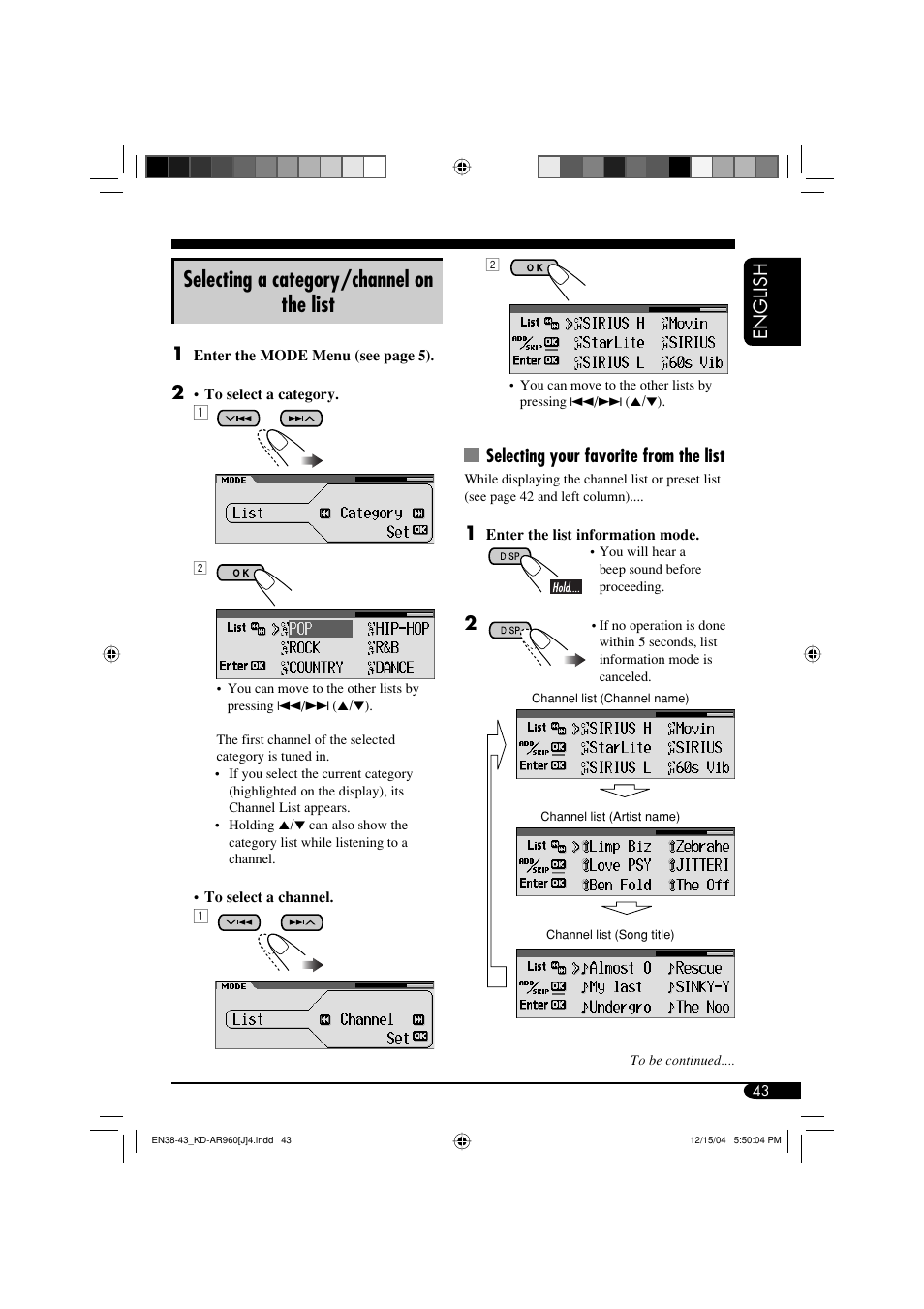 Selecting a category/channel on the list, English, Selecting your favorite from the list | JVC KD-LH910 User Manual | Page 43 / 58