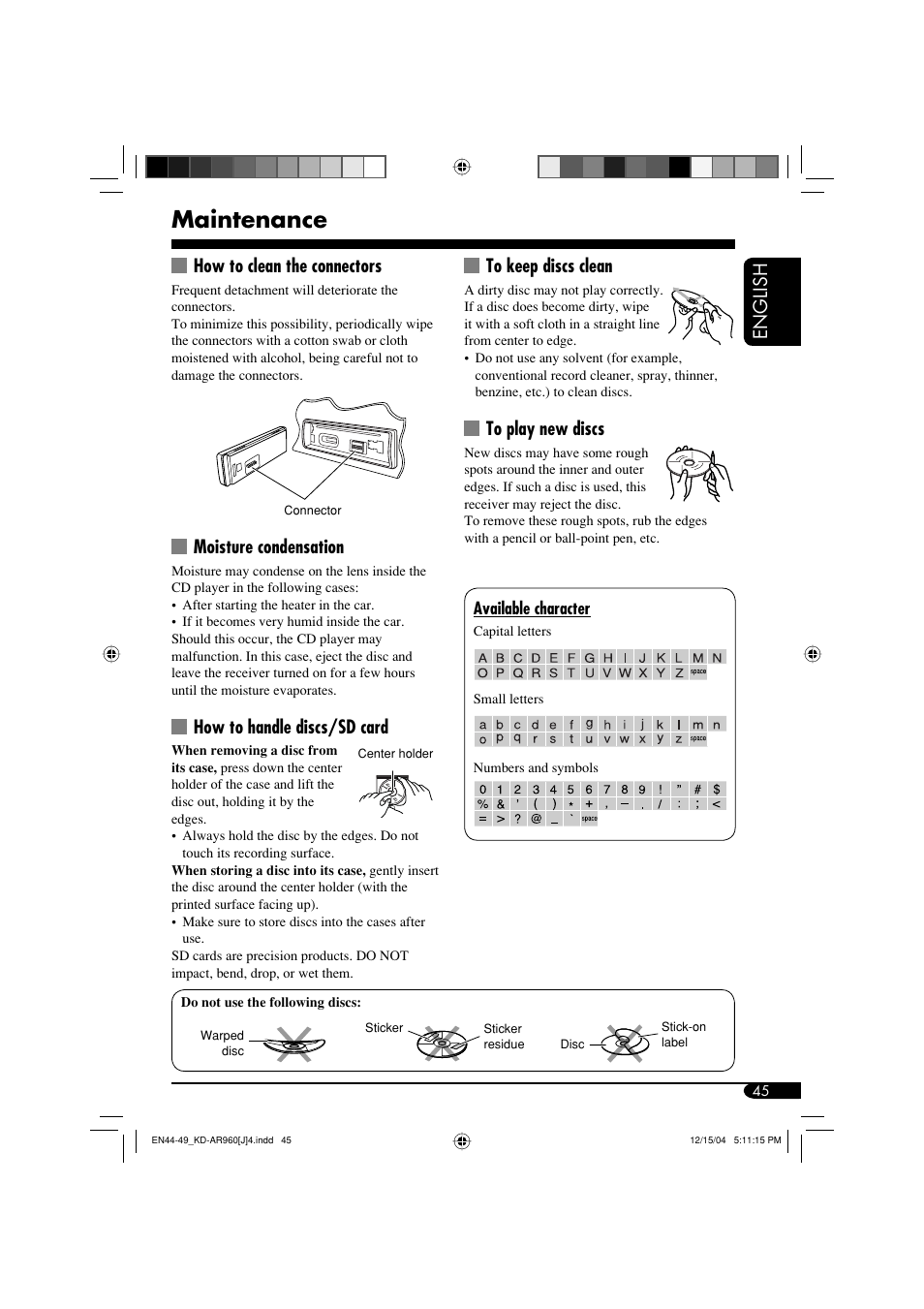 Maintenance, English, How to clean the connectors | Moisture condensation, How to handle discs/sd card | JVC KD-LH910 User Manual | Page 45 / 58