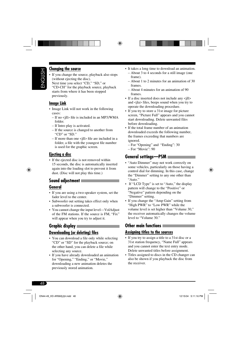 English, Sound adjustment, Graphic display | General settings—psm, Other main functions | JVC KD-LH910 User Manual | Page 48 / 58