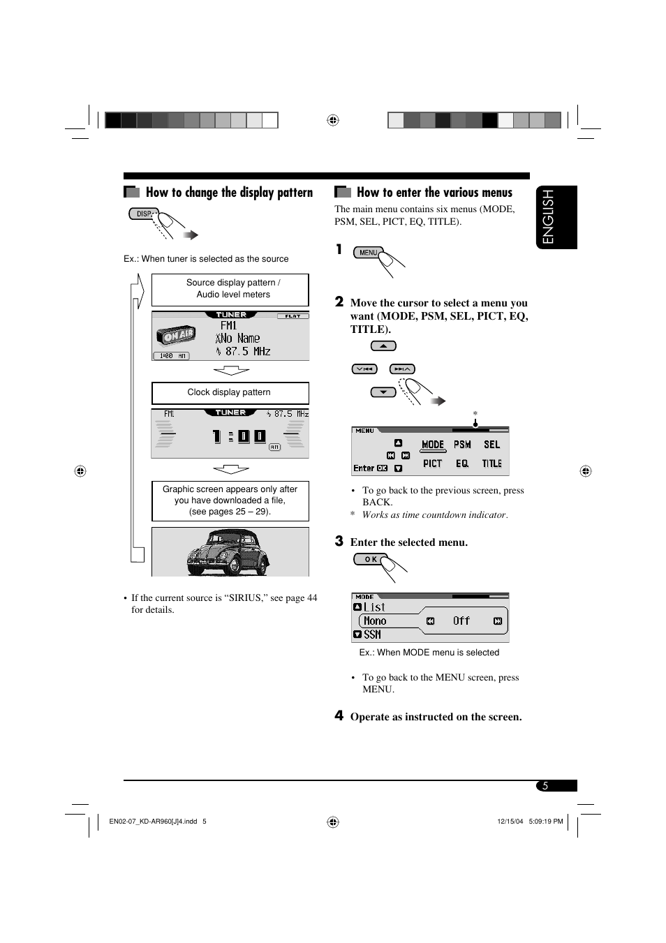 English how to change the display pattern, How to enter the various menus | JVC KD-LH910 User Manual | Page 5 / 58