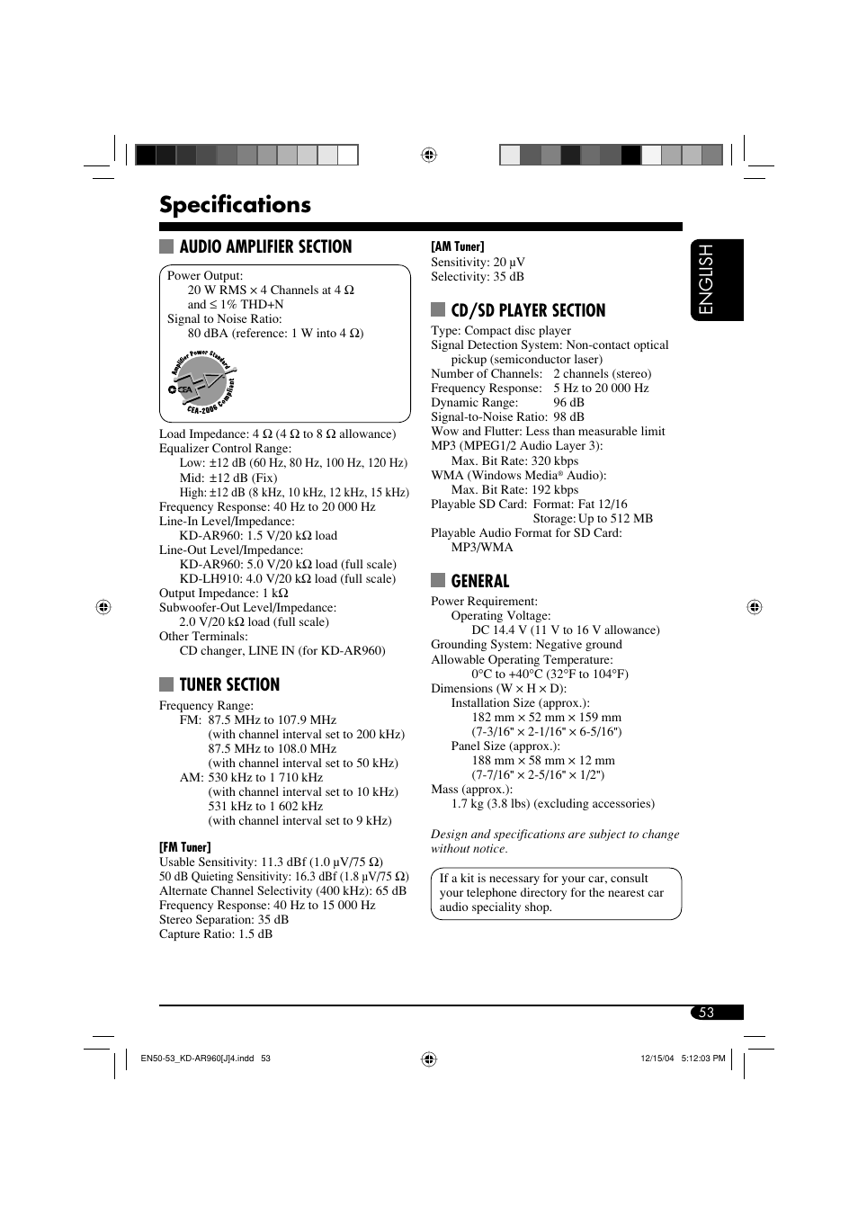 Specifications, English, General | JVC KD-LH910 User Manual | Page 53 / 58