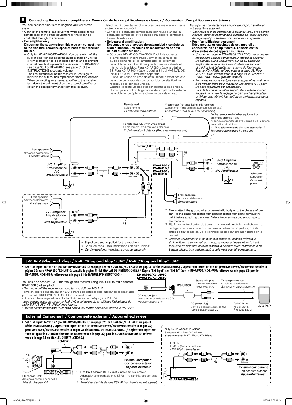 Connecting the external amplifiers, Jvc pnp (plug and play), External component | JVC KD-LH910 User Manual | Page 58 / 58