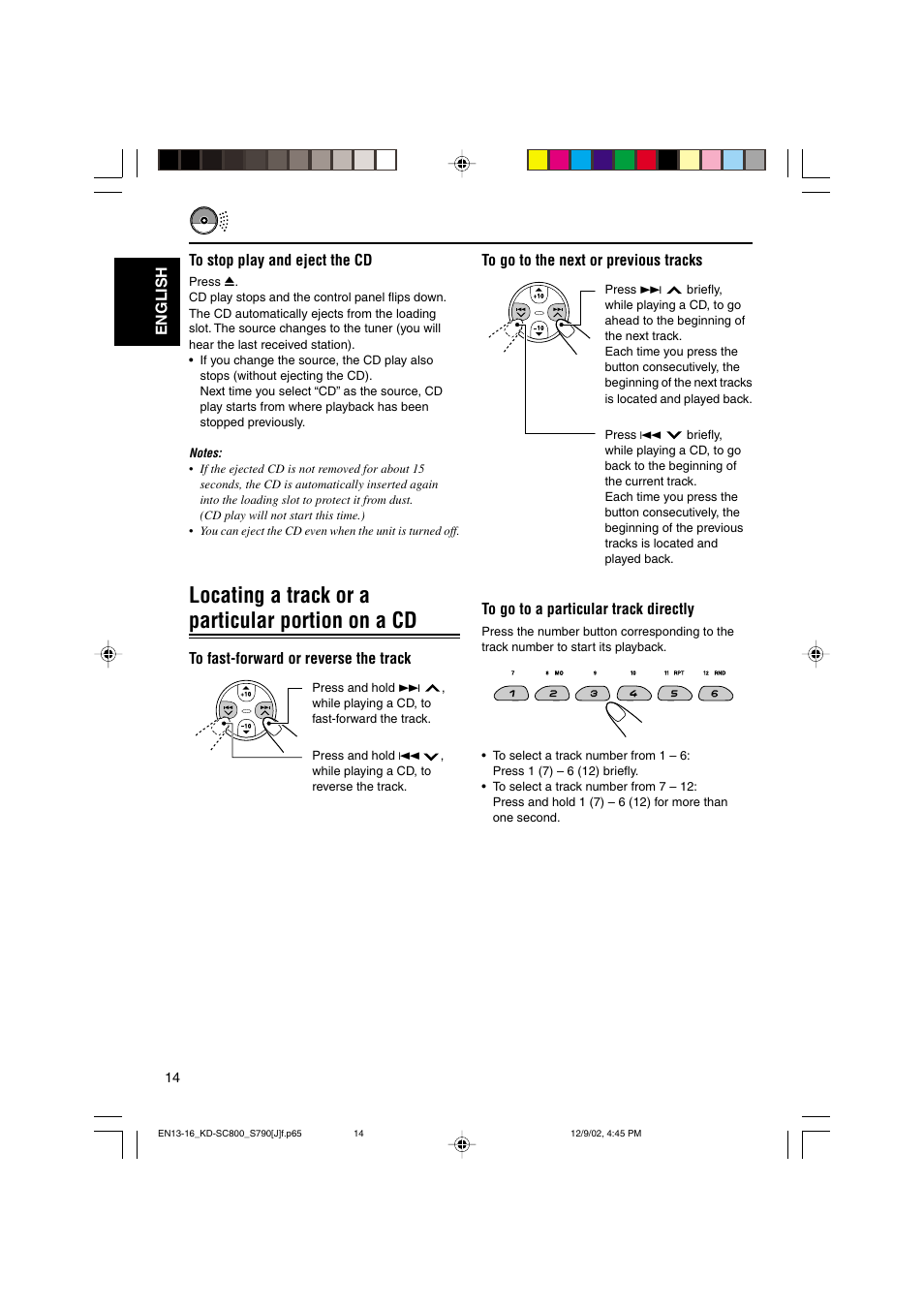 Locating a track or a particular portion on a cd, English to stop play and eject the cd | JVC KD-S790 User Manual | Page 14 / 30