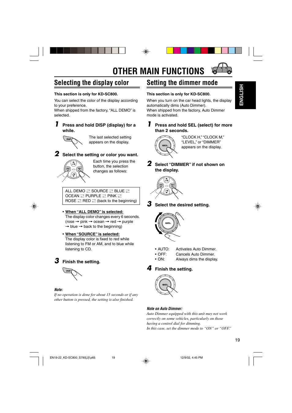 Other main functions, Setting the dimmer mode, Selecting the display color | JVC KD-S790 User Manual | Page 19 / 30