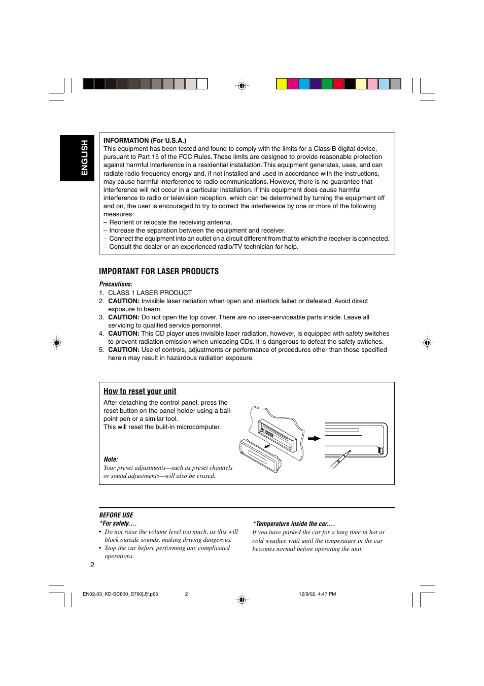 Information (for u.s.a.), Important for laser products, How to reset your unit | English | JVC KD-S790 User Manual | Page 2 / 30