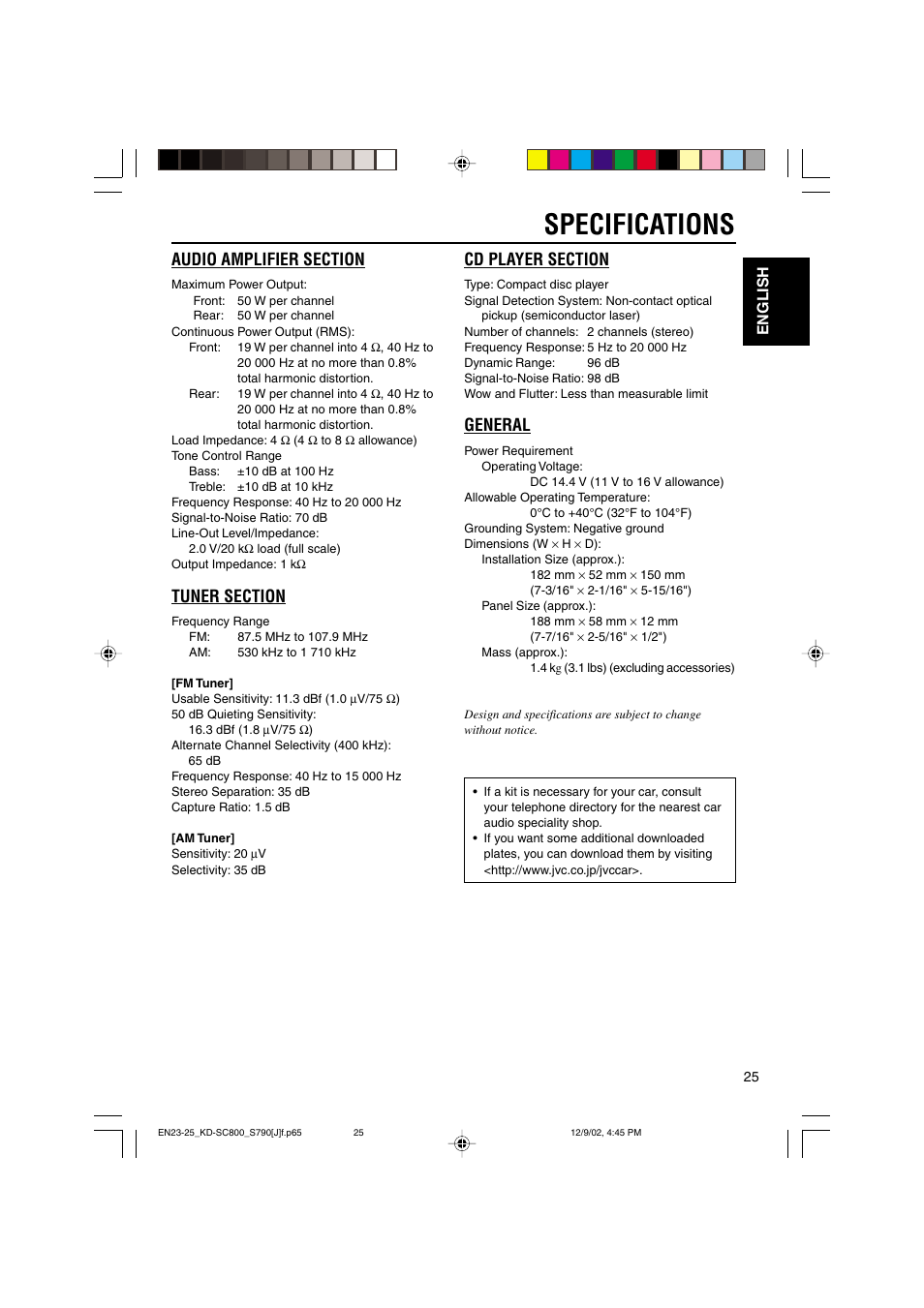 Specifications, General, English | JVC KD-S790 User Manual | Page 25 / 30