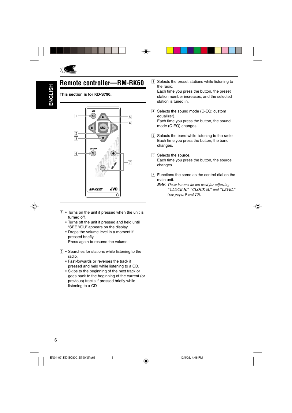 Remote controller—rm-rk60, English | JVC KD-S790 User Manual | Page 6 / 30