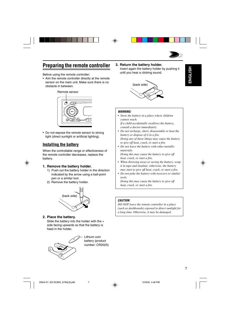 Preparing the remote controller, Installing the battery, English | JVC KD-S790 User Manual | Page 7 / 30