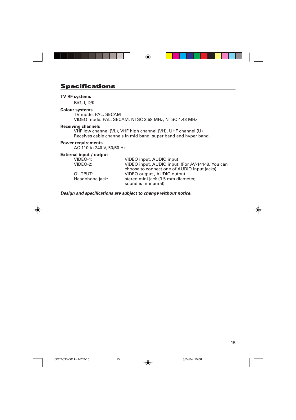 Specifications | JVC AV-14145 User Manual | Page 15 / 16