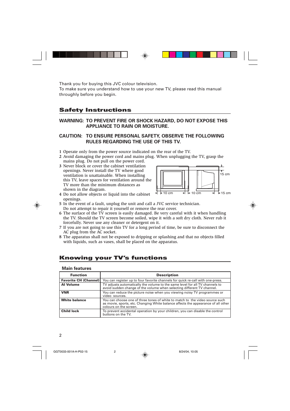 Safety instructions, Knowing your tv’s functions | JVC AV-14145 User Manual | Page 2 / 16