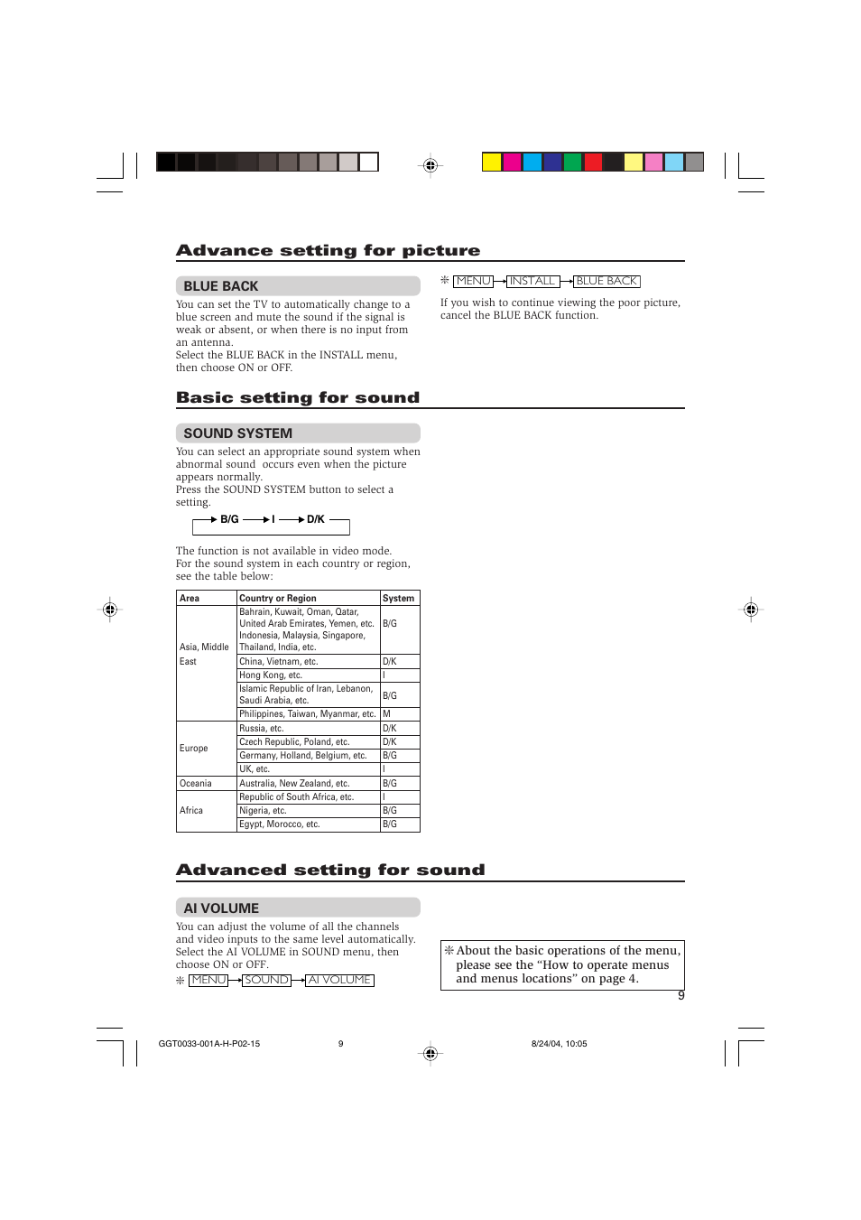 Advance setting for picture, Basic setting for sound, Advanced setting for sound | Basic setting for sound advanced setting for sound | JVC AV-14145 User Manual | Page 9 / 16
