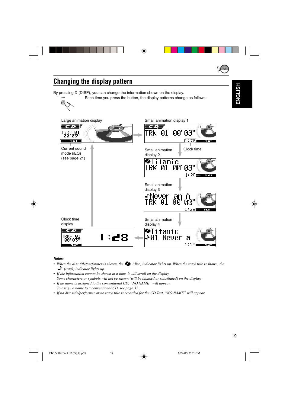 Changing the display pattern, English | JVC KD-LH1105 User Manual | Page 19 / 49