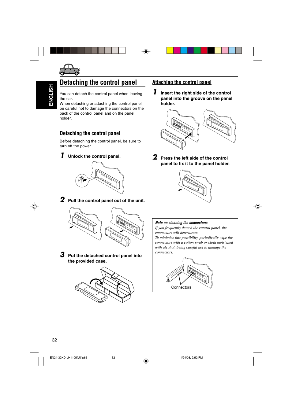 Detaching the control panel | JVC KD-LH1105 User Manual | Page 32 / 49