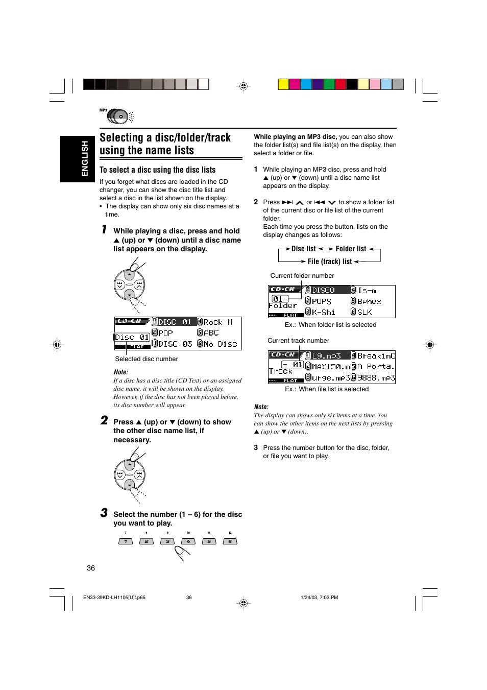 Selecting a disc/folder/track using the name lists | JVC KD-LH1105 User Manual | Page 36 / 49