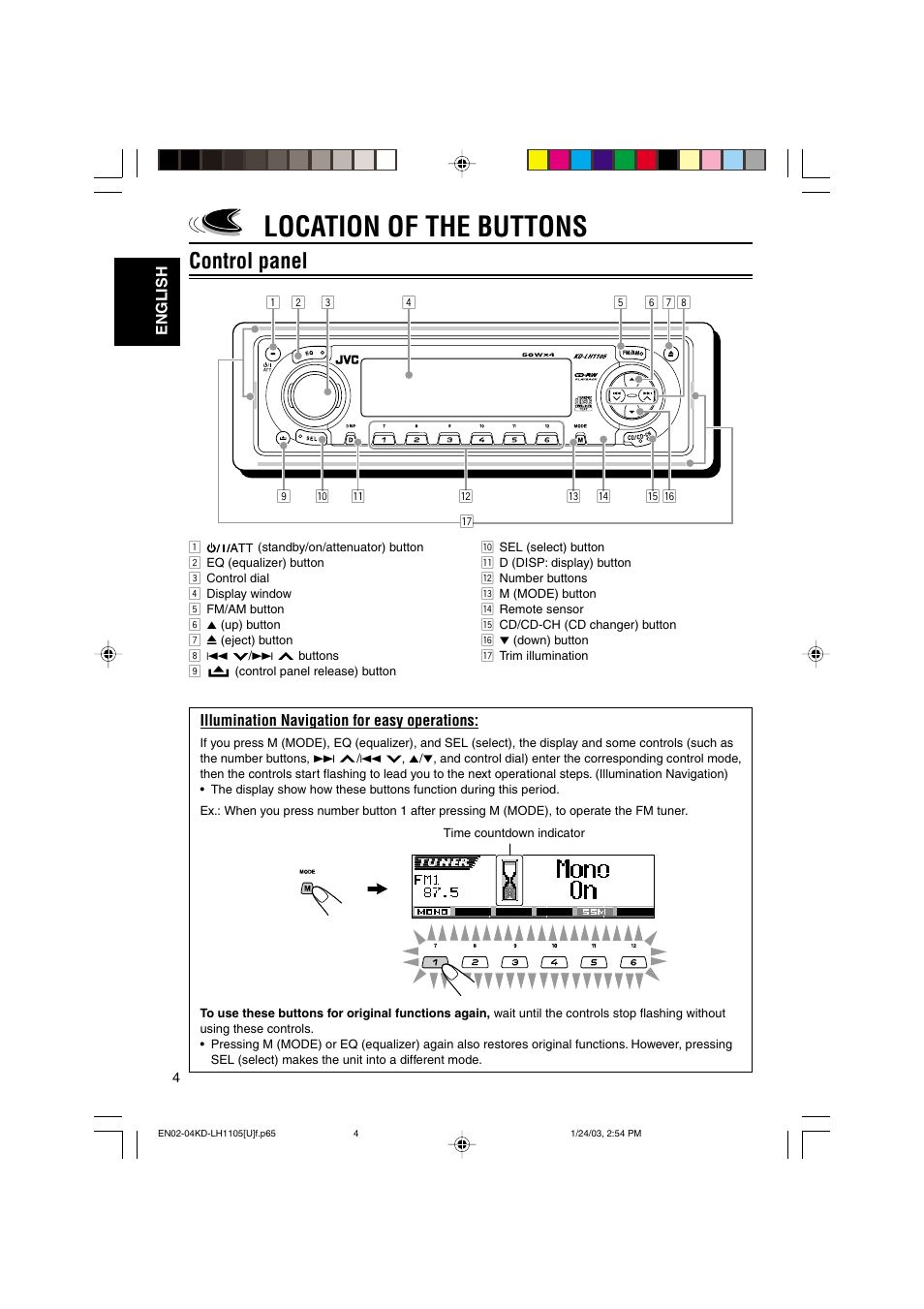 Location of the buttons, Control panel | JVC KD-LH1105 User Manual | Page 4 / 49