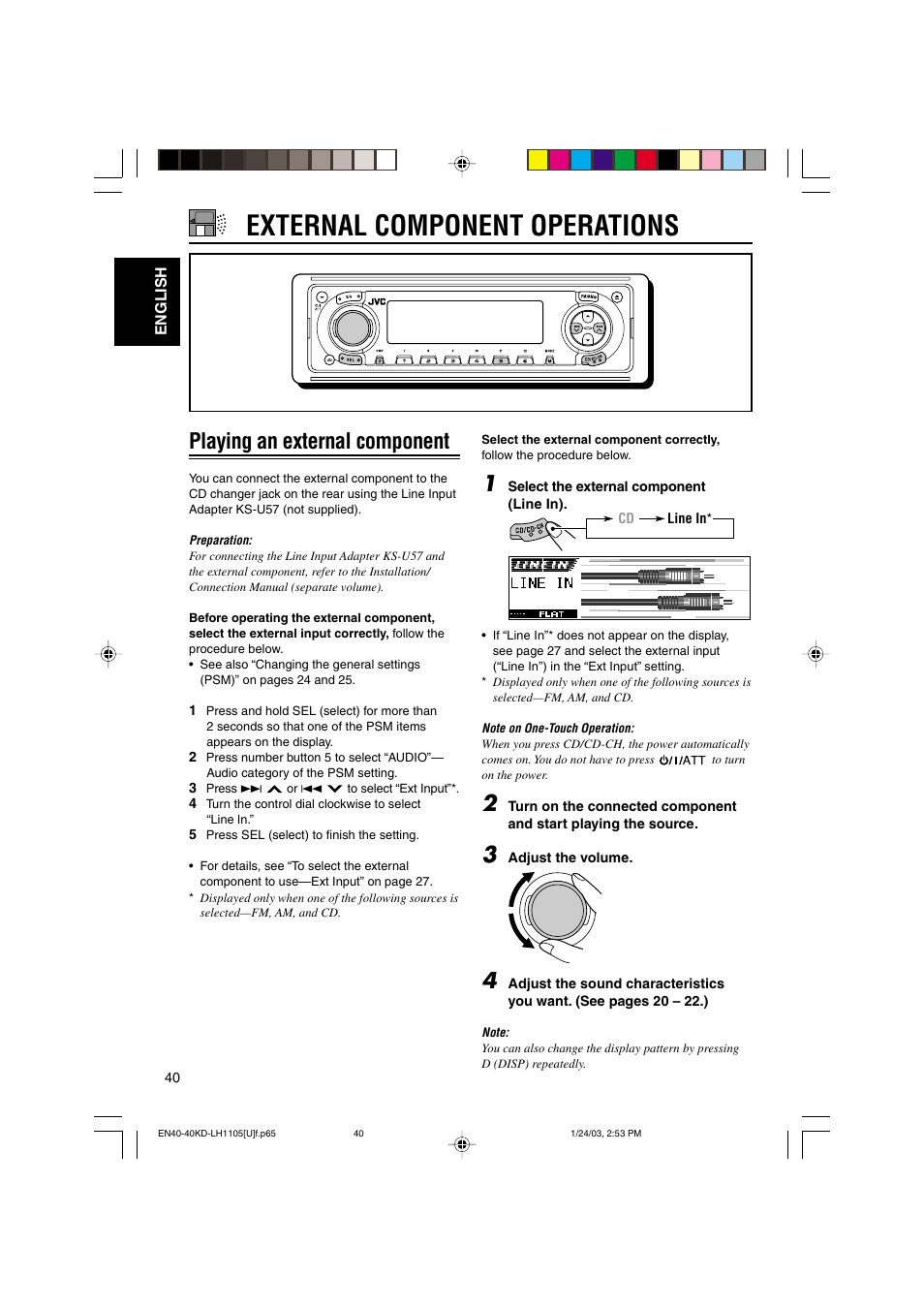 External component operations, Playing an external component | JVC KD-LH1105 User Manual | Page 40 / 49