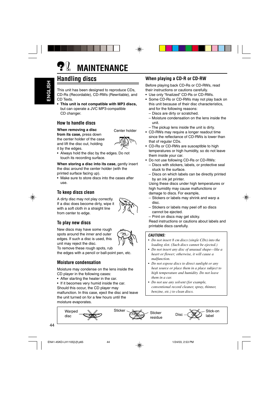 Maintenance, Handling discs | JVC KD-LH1105 User Manual | Page 44 / 49