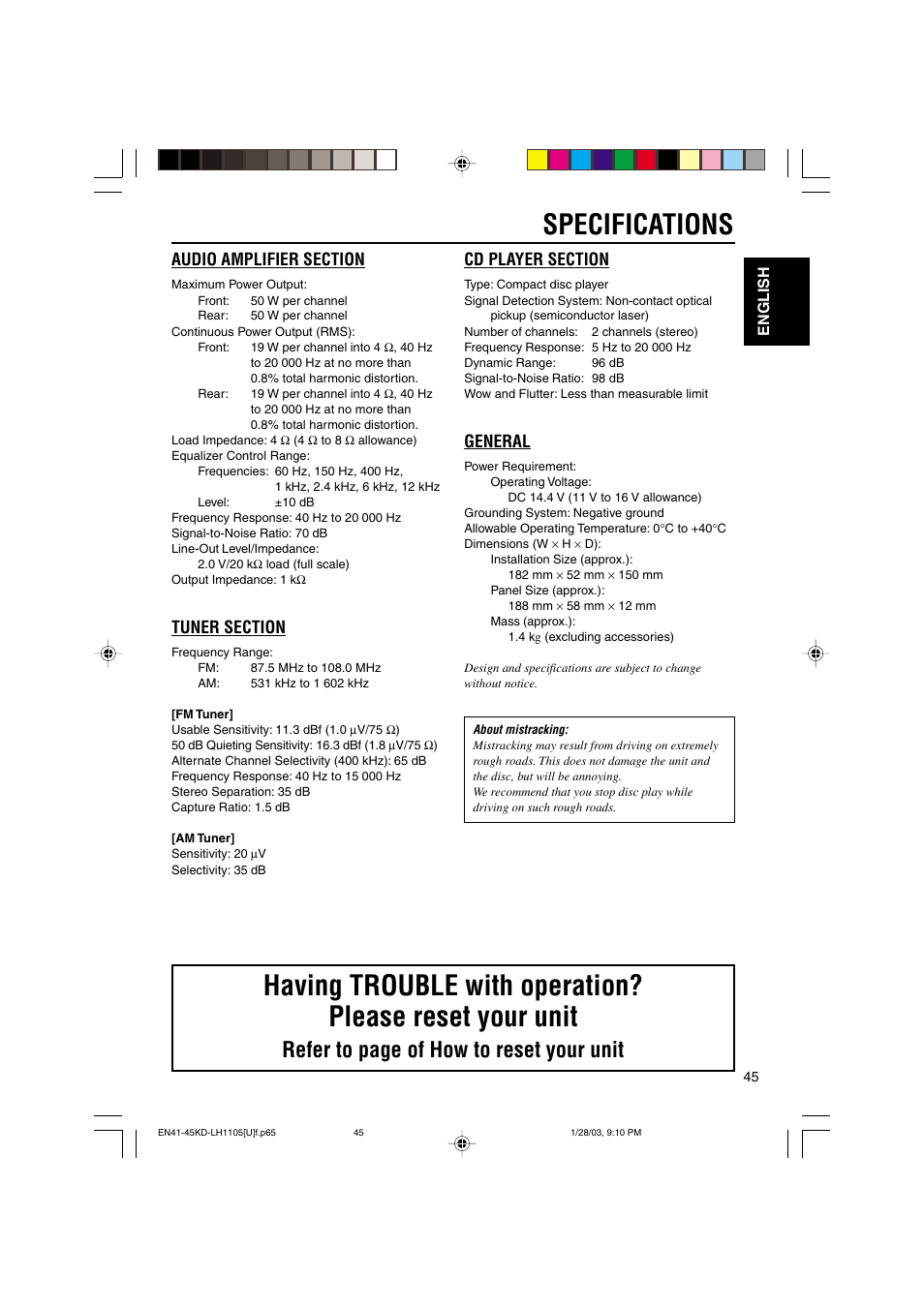 Specifications, Refer to page of how to reset your unit, General | JVC KD-LH1105 User Manual | Page 45 / 49