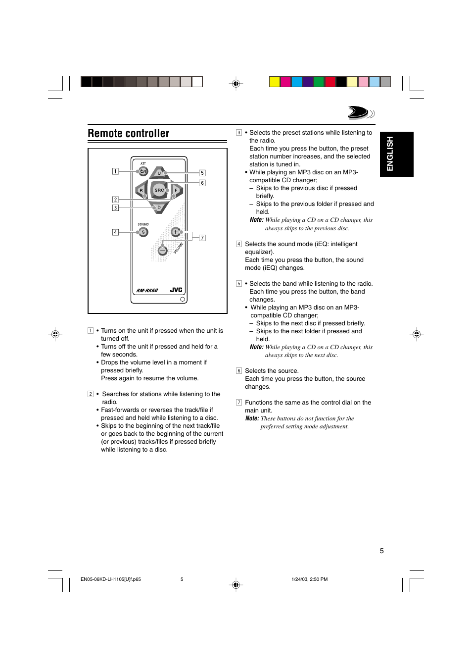 Remote controller, English | JVC KD-LH1105 User Manual | Page 5 / 49