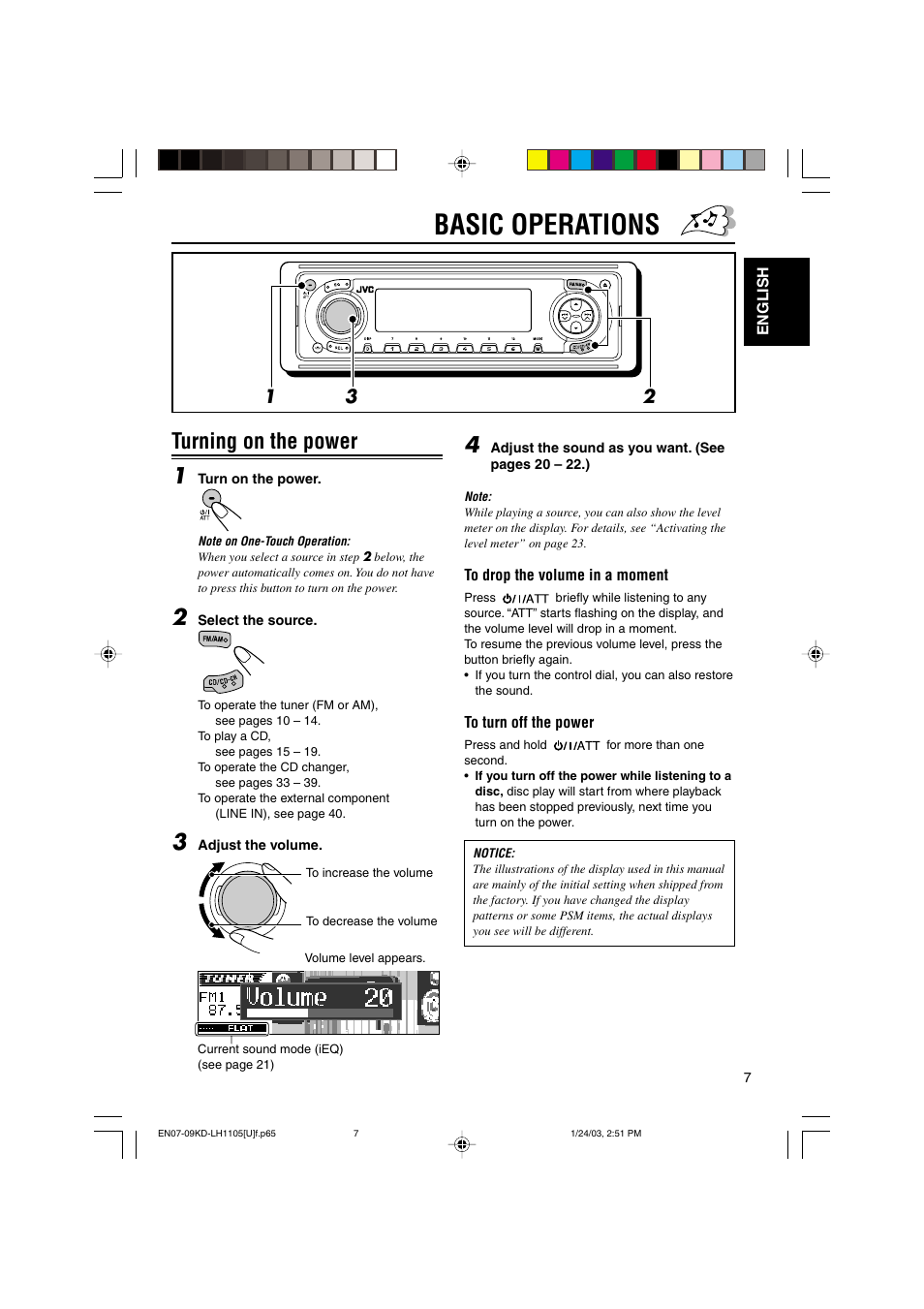 Basic operations, Turning on the power 1 | JVC KD-LH1105 User Manual | Page 7 / 49