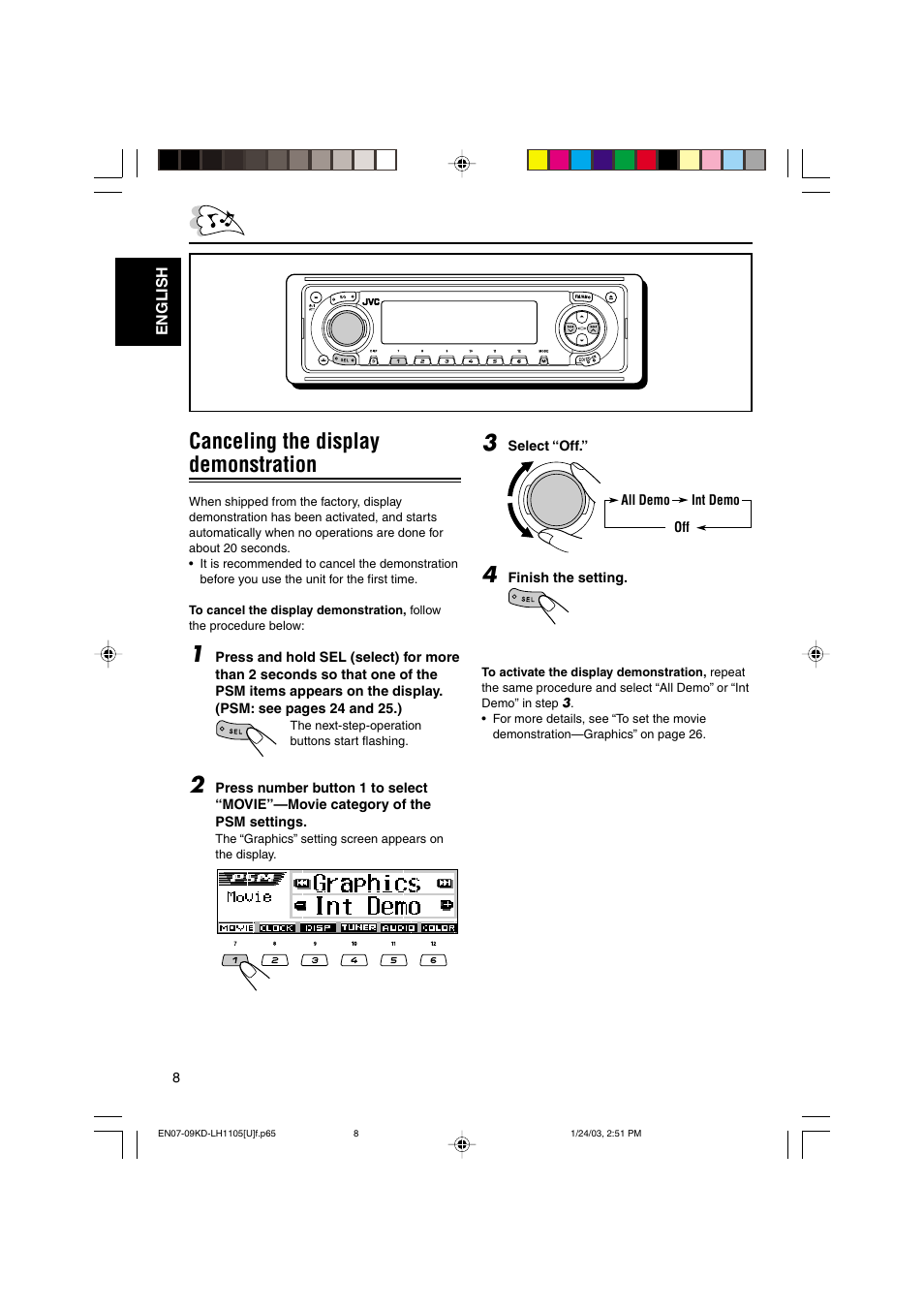 Canceling the display demonstration | JVC KD-LH1105 User Manual | Page 8 / 49